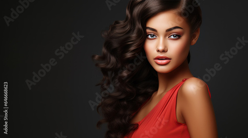 Portrait of young brunette woman with long hair wearing dress. Isolated on black background with copy space. AI Generated.