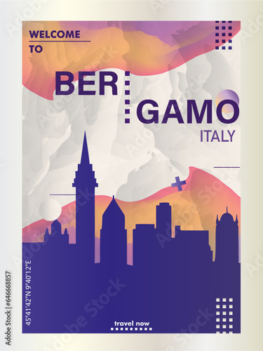 Italy Bergamo city poster with abstract shapes of skyline, cityscape, landmarks and attractions. Lombardy region town travel vector illustration for brochure, website, page, business presentation