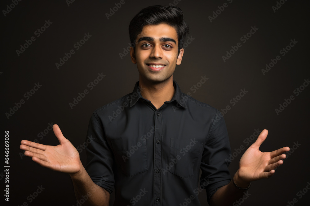 Picture of man wearing black shirt and making gesture. This image can be used to illustrate communication, body language, or expressing emotions. Picture of man wearing black shirt and making gesture. This image can be used to illustrate communication, body language, or expressing emotions.