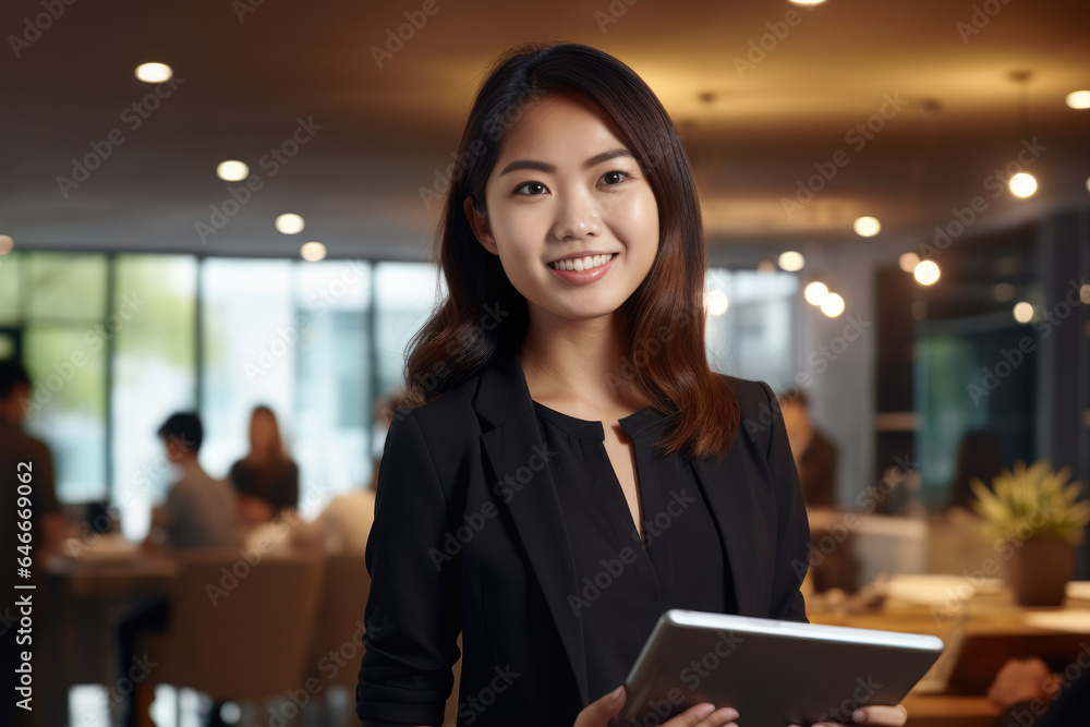 Fototapeta premium Professional woman in business suit holding tablet computer. Suitable for corporate, technology, and communication themes.
