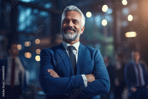 Professional man wearing suit and tie stands confidently with his arms crossed. Portray confidence, leadership, professionalism, and success in various business and corporate contexts.