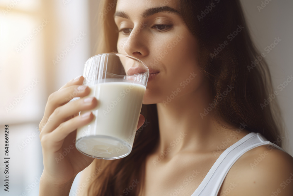 Woman is pictured drinking glass of milk. This image can be used to promote healthy lifestyles and nutrition. Woman is pictured drinking glass of milk. This image can be used to promote healthy lifestyles and nutrition.