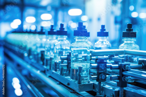 Bottled water bottles are seen in line on conveyor belt. This image can be used to depict production process of bottled water or manufacturing industry.