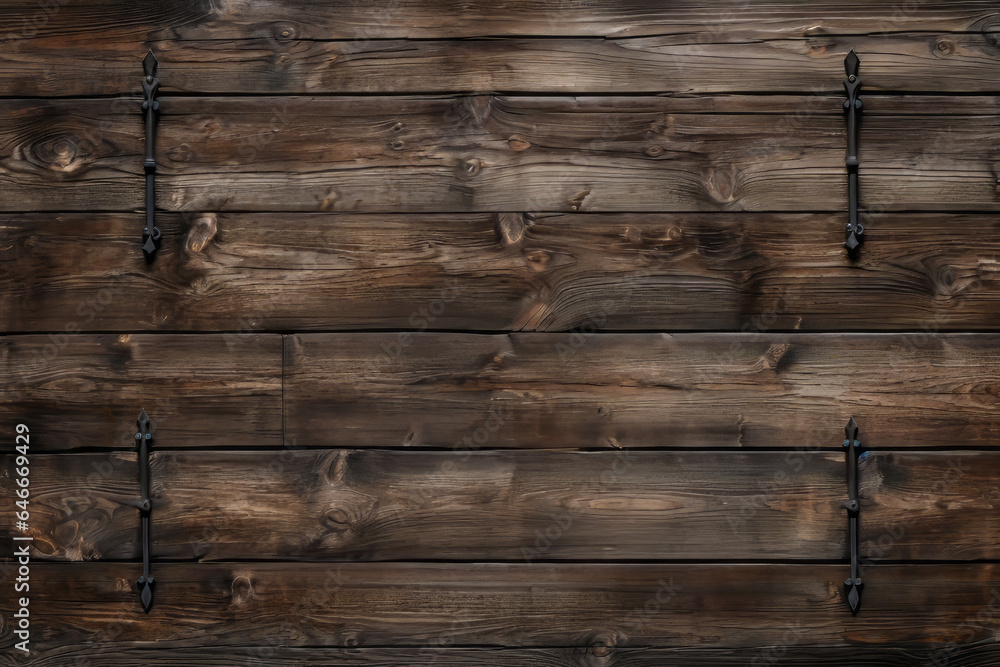 Distressed wood wall texture with iron bindings - obrazy, fototapety, plakaty 