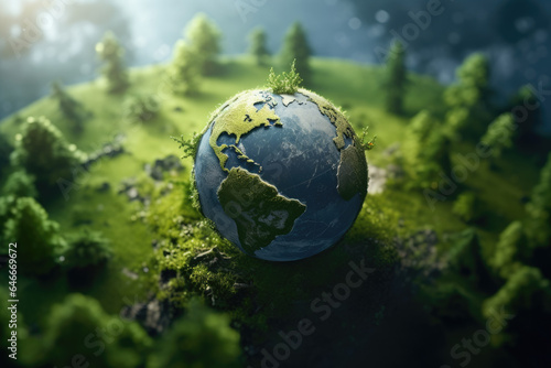 Green globe with trees on top  representing importance of nature and environmental conservation. Can be used to promote sustainability and eco-friendly initiatives.