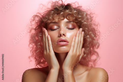 Woman with curly hair is shown in image, holding her hands to her face. Emotions such as surprise, shock, or excitement. It can also be used in various contexts such as beauty, fashion, or lifestyle.