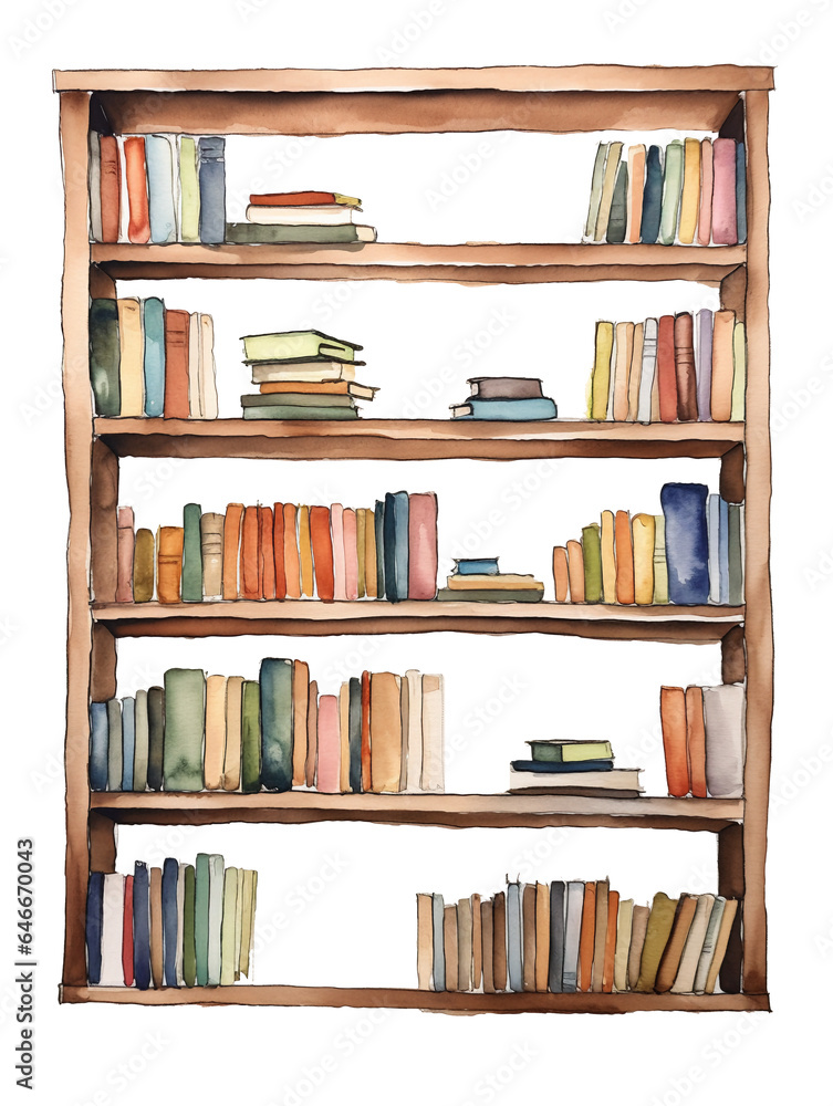 Fototapeta premium Watercolor painting of bookshelf on transparent background, Generative Ai