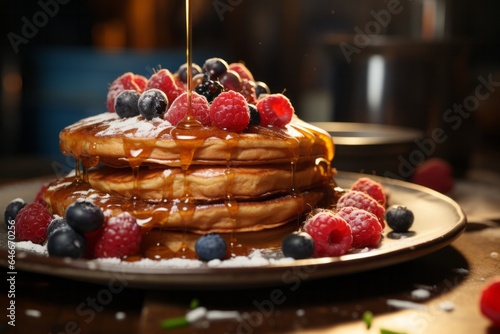 Photo of a delicious stack of pancakes topped with syrup and fresh berries created with Generative AI technology