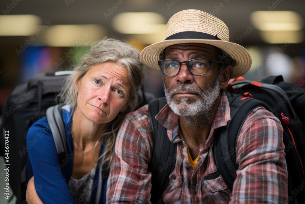 Travel Frustration: Annoyed Retired Tourists with Luggage Travel Frustration: Annoyed Retired Tourists with Luggage