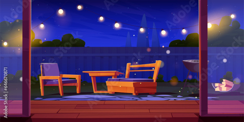 Night backyard with garden furniture. Vector cartoon illustration of house patio with glass door, wooden table and armchairs, bbq grill and pile of firewood on ground, garland lights, starry sky