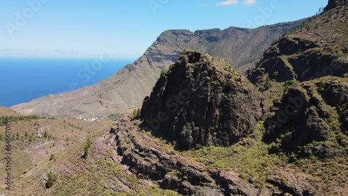 Tamadaba Natural Park, Tirma: aerial view in orbit of rock formations in this natural park on the island of Gran Canaria on a sunny day. photo