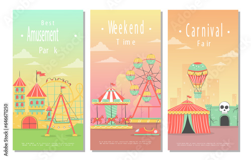 Set of Amusement Park banners with carousels, roller coaster and air balloon. Circus, Fun fair and Carnival theme vector illustration.