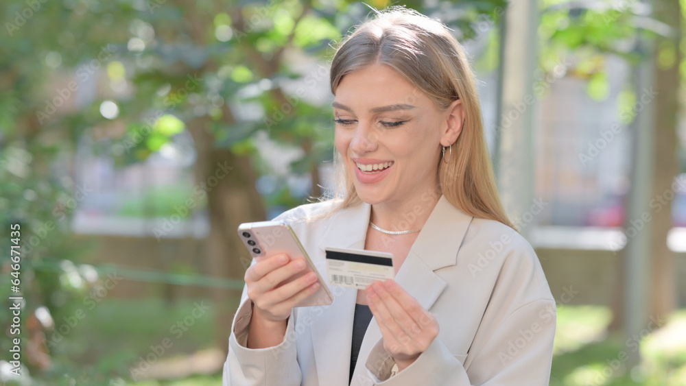 Businesswoman Shopping Online via Phone Outdoor Businesswoman Shopping Online via Phone Outdoor