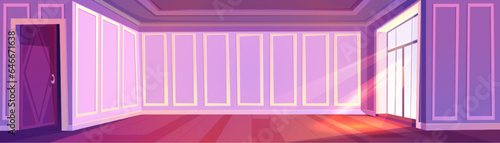 Empty victorian style room. Vector cartoon illustration of classical english style home interior, purple walls with elegant molding, sun shining through large window on wooden floor, open door