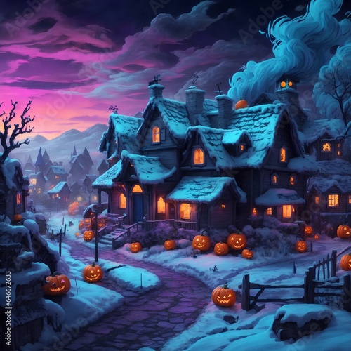 beautiful blue background halloween village with attractive light and details 