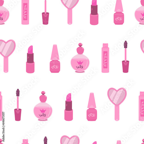 Seamless pattern with pink glamorous beauty accessories. Repeating elements perfume lipstick mirror mascara nail polish.