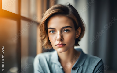 This captivating portrait showcases the beauty of a young woman with her trendy short haircut and meticulously designed styling, model, indoors, lady, 20s, Ai generative