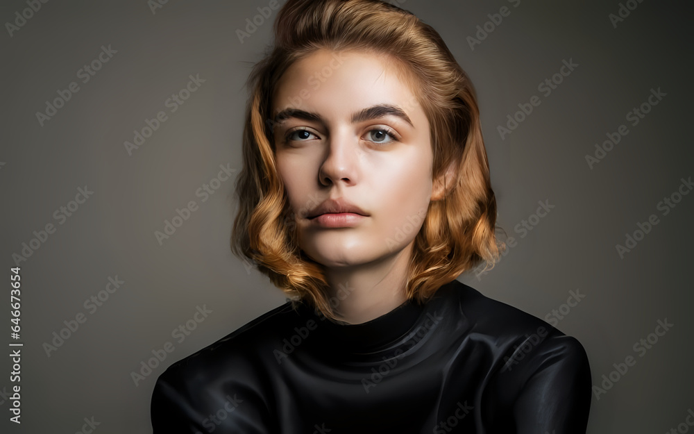 In this stylish portrait, a young woman showcases her short haircut, expression, style, sadness, teen, Ai generative