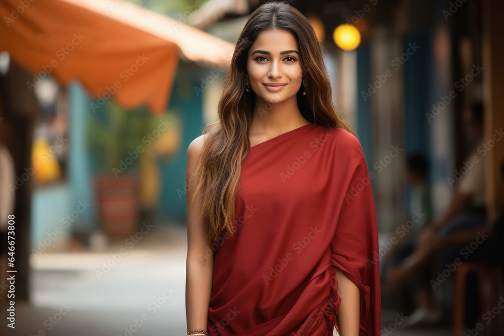 Gorgeous young indian female in a red color dress and giving happy expression.