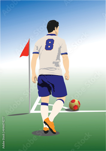 Football player preparing to take a corner kick. 3d color vector illustration