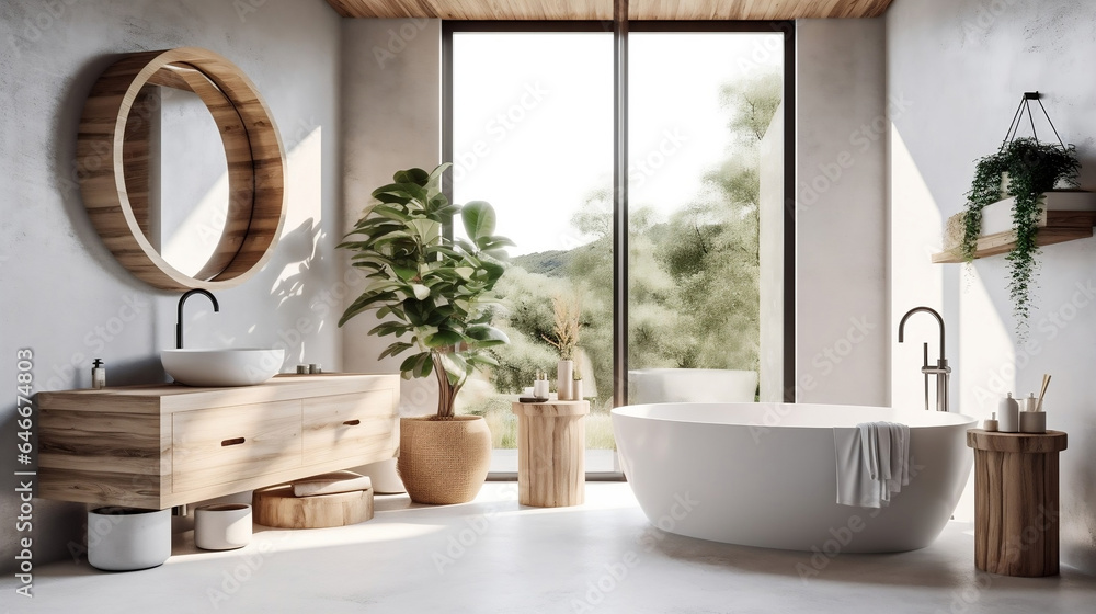 White and wooden bathroom interior design with bathtub, countertop basin and round mirror, modern minimalist japandi style 3D interior illustration.