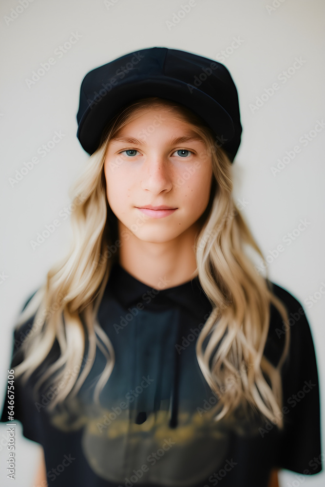 Image of a head shot of a cute white Caucasian 14 year old skater boy with long blonde hair. He is wearing a black cap. Image of a head shot of a cute white Caucasian 14 year old skater boy with long blonde hair. He is wearing a black cap.