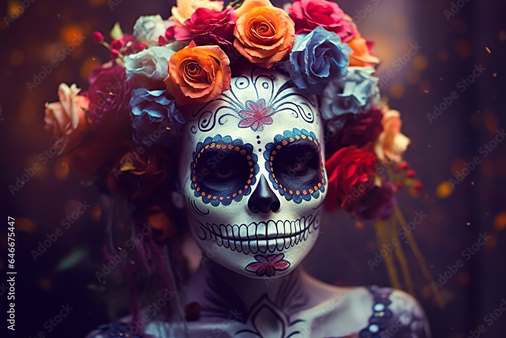 day of dead in Mexico Dia de los muertos portrait of Mexican catrina with roses and Sugar skull makeup