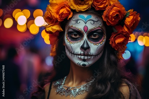 day of dead in Mexico Dia de los muertos portrait of Mexican catrina with roses and Sugar skull makeup