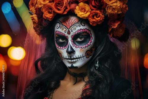 day of dead in Mexico Dia de los muertos portrait of Mexican catrina with roses and Sugar skull makeup © poker