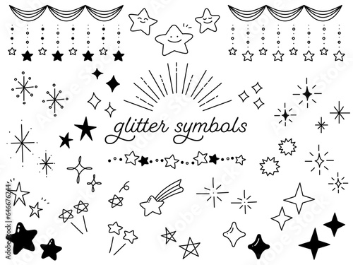 かわいいモノクロのキラキラや星のイラストセット　おしゃれな手書きテイスト