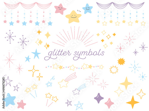 かわいいパステルカラーのキラキラや星のイラストセット　おしゃれな手書きテイスト
