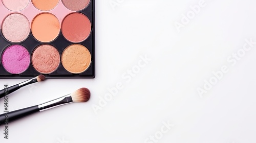 Makeup brushes and eye shadow palette on white background with copy space, top view