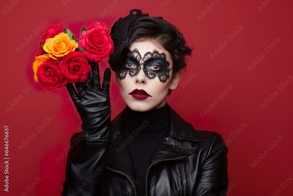 day of the dead young woman represents saint death with sugar skull makeup on red studio background day of the dead young woman represents saint death with sugar skull makeup on red studio background