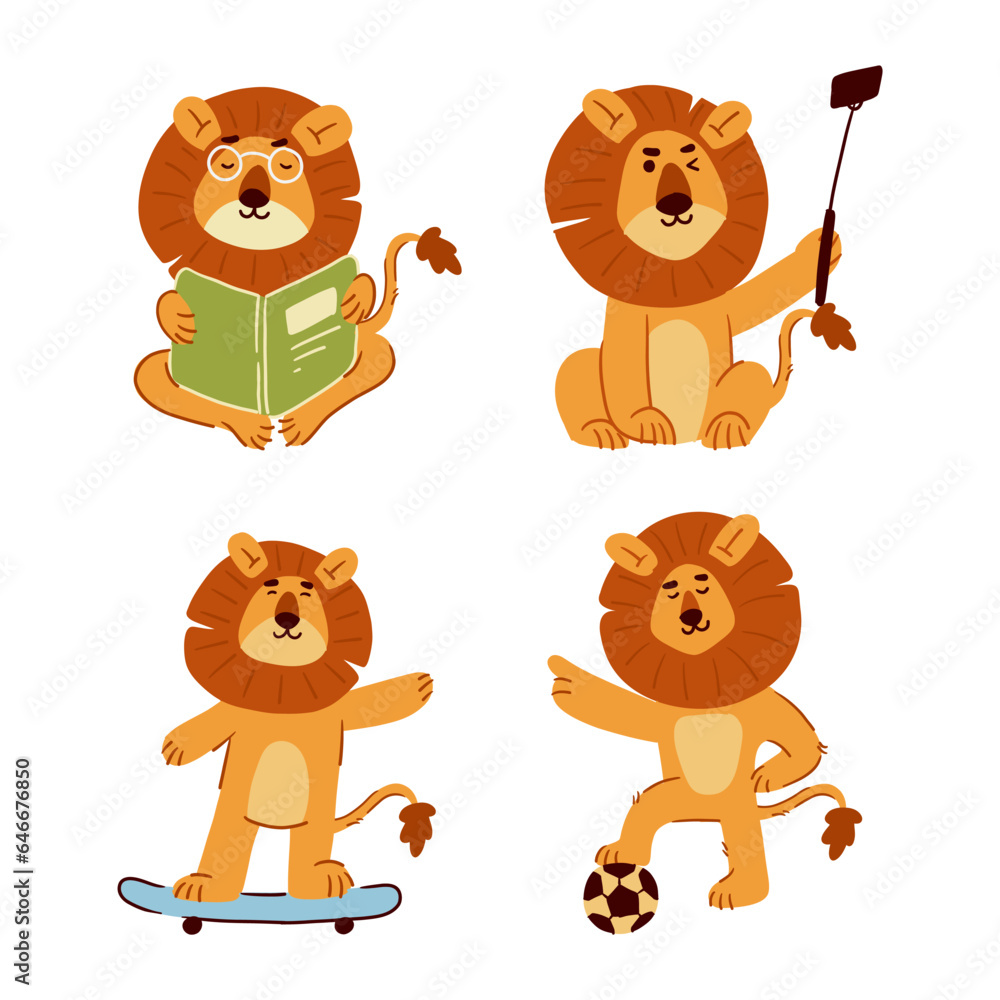 Obraz premium Lion . Set of cute cartoon characters . Hand drawn style . White isolate background . Vector .