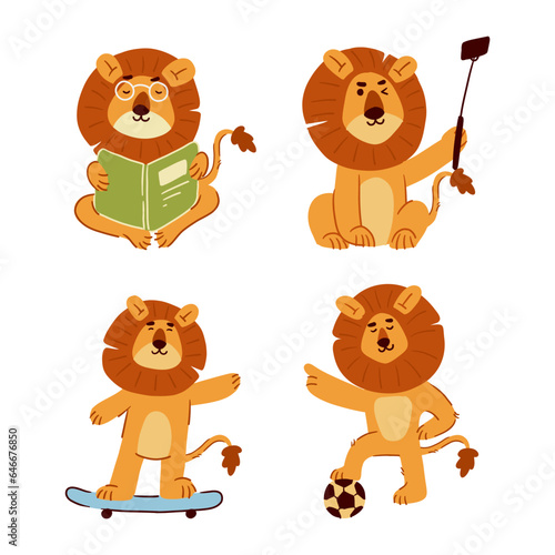 Lion . Set of cute cartoon characters . Hand drawn style . White isolate background . Vector .