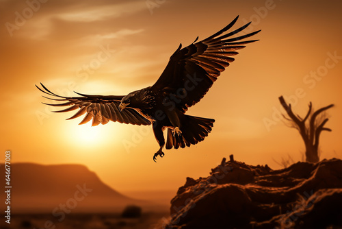 dark silhouette image of a eagle trying to hunt in dessert. 