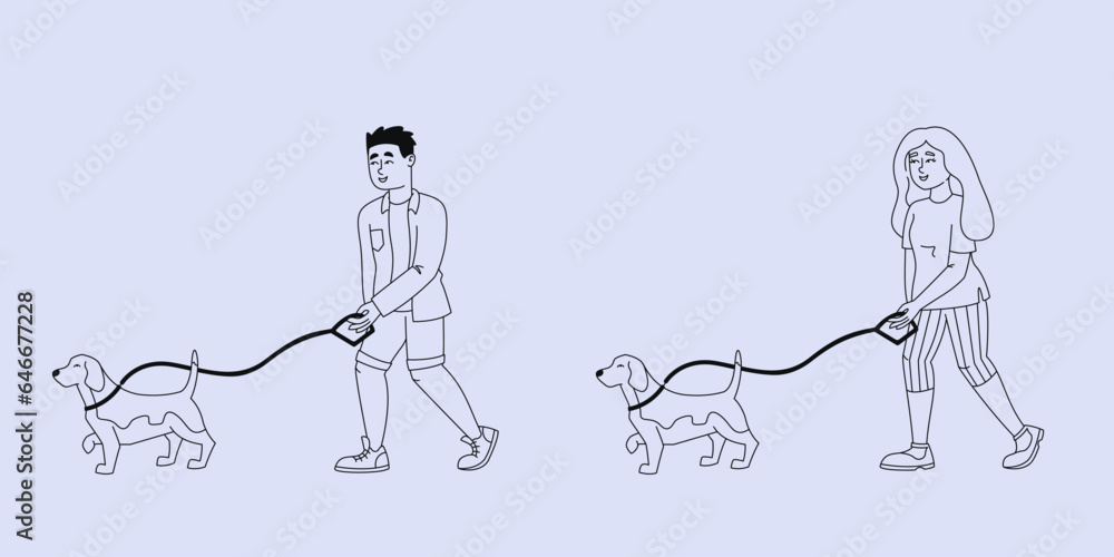 Man and woman walking dogs. People in outline style.