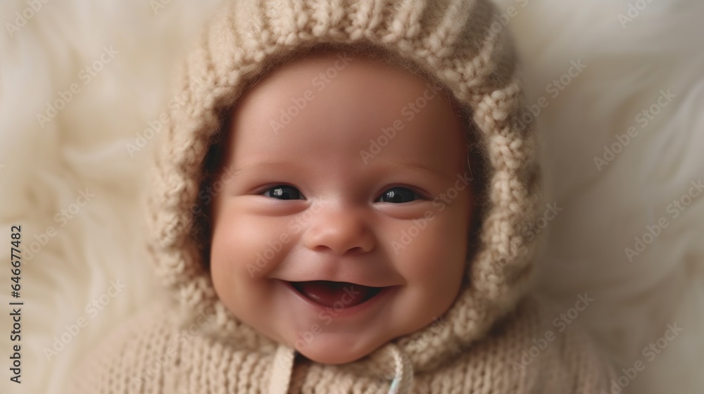Smiling European infant on beige backdrop. Generative AI Smiling European infant on beige backdrop. Generative AI
