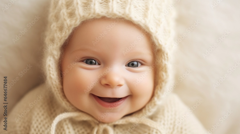 Cheerful Caucasian infant in neutral clothing. Generative AI Cheerful Caucasian infant in neutral clothing. Generative AI