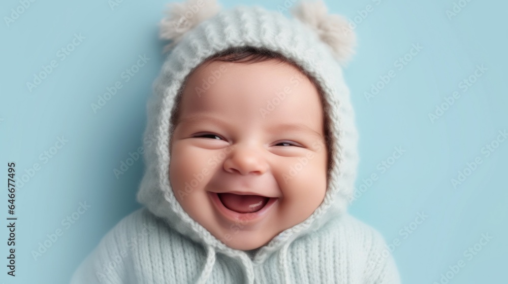 Smiling Caucasian baby posing on light blue studio backdrop. Generative AI. Smiling Caucasian baby posing on light blue studio backdrop. Generative AI.