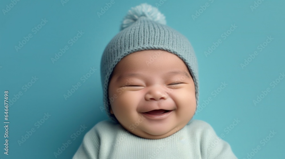 Smiling Caucasian baby posing on light blue studio backdrop. Generative AI. Smiling Caucasian baby posing on light blue studio backdrop. Generative AI.