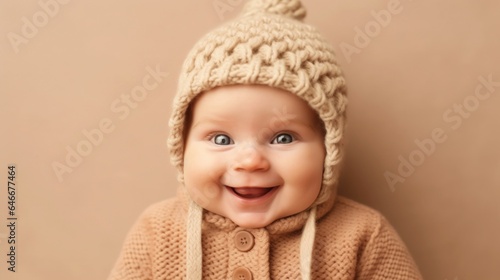Joyful European baby against beige studio background. Generative AI