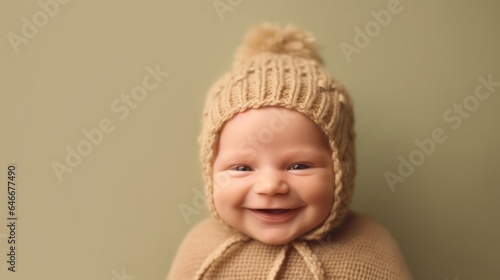 Smiling European infant on beige backdrop. Generative AI