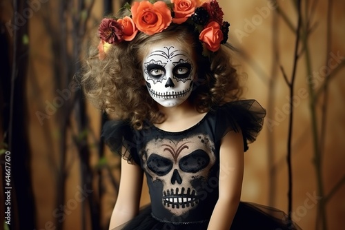 portrait of little girl with costume for halloween or day of dead dia de los muertos 