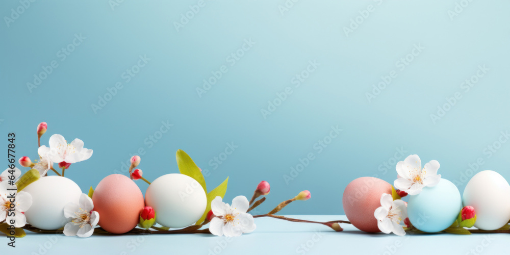 Colorful Easter eggs with spring blossom flowers on soft blue background.