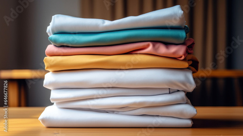 Close up a stack of colored laundry against a blurred room background