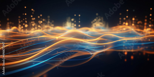 Abstract background with gold and blue glowing neon moving high speed line and wave and bokeh lights horizontal to vertical. Data transfer concept, reflect on the floor. photo