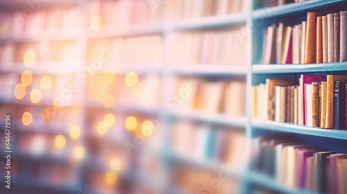 Abstract background with books on the shelves in the library with soft pastel multicolored light