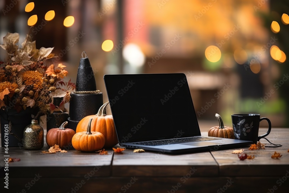 Laptop computer on wooden table decorative with Halloween season, Generate with Ai. Laptop computer on wooden table decorative with Halloween season, Generate with Ai.