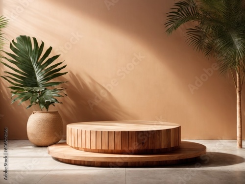 wooden podium sale with shadow tropical sunlight pedestal
